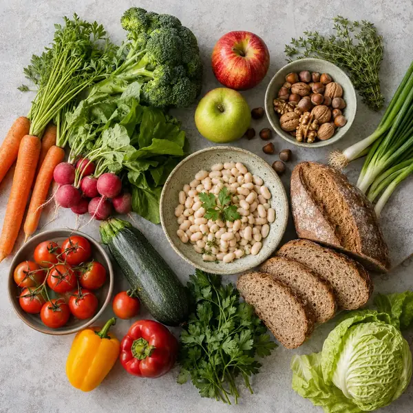 Saisonales Gemüse, Obst, Brot und Hülsenfrüchte auf einem Tisch